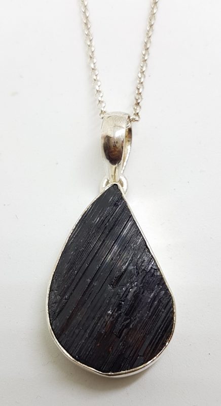 Sterling Silver Large Black Tourmaline Teardrop Pendant on Silver Chain