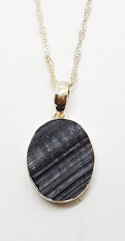 Sterling Silver Large Black Tourmaline Oval Pendant on Silver Chain