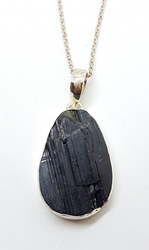 Sterling Silver Large Black Tourmaline Teardrop Pendant on Silver Chain