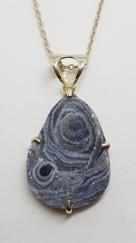 Sterling Silver Large Teardrop Druzy Agate Pendant on Silver Chain