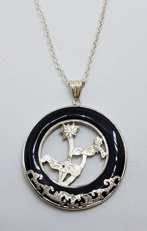 Sterling Silver Onyx Ornate Round Pendant on Silver Chain