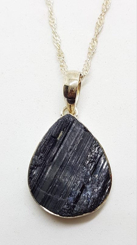 Sterling Silver Large Black Tourmaline Teardrop Pendant on Silver Chain