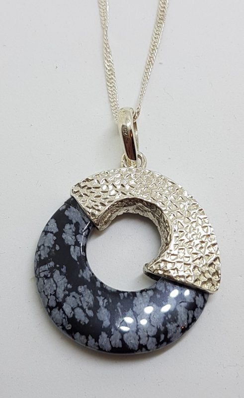 Sterling Silver Large Round Obsidian Pendant on Silver Chain