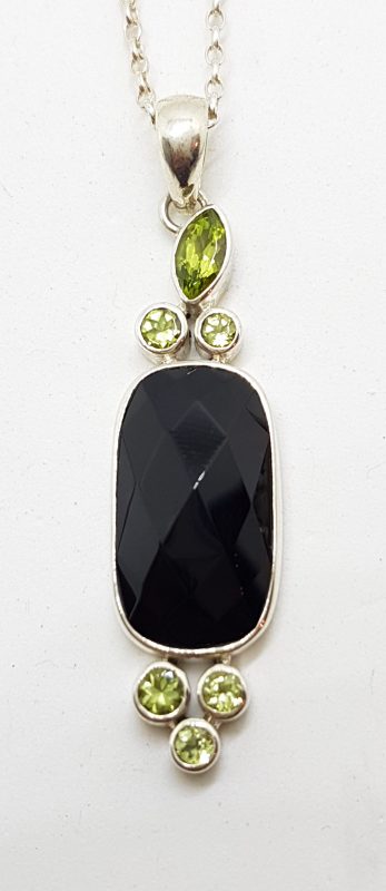 Sterling Silver Faceted Onyx and Peridot Pendant on Silver Chain