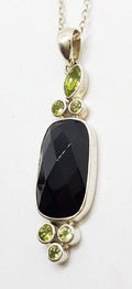 Sterling Silver Faceted Onyx and Peridot Pendant on Silver Chain