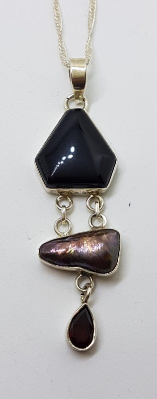 Sterling Silver Onyx, Pearl and Garnet Pendant on Silver Chain