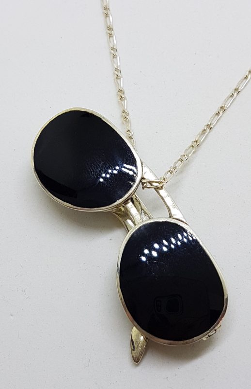 Sterling Silver &amp; Black Large Sunglasses Pendant on Silver Chain