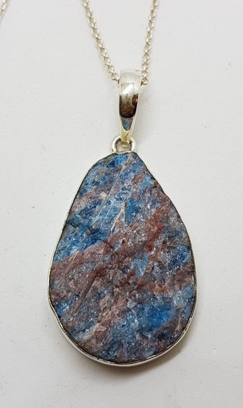 Sterling Silver Large Teardrop Rough Blue Abatite Pendant on Silver Chain