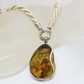 Sterling Silver Large Green Colombian Amber Pendant on Rope Twist Chain with Silver Clasp