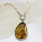 Sterling Silver Large Green Colombian Amber Pendant on Rope Twist Chain with Silver Clasp