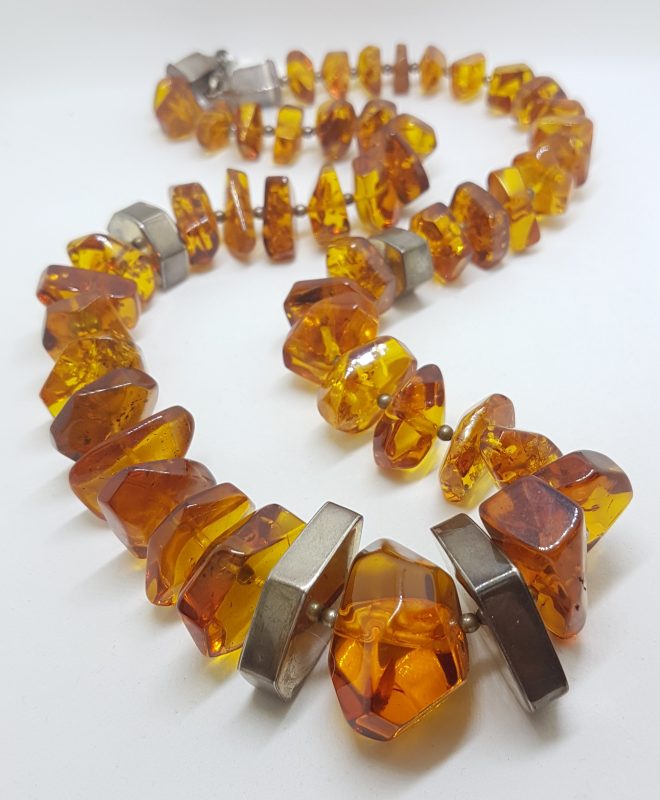 Sterling Silver Baltic Amber Large Chunky Bead Necklace / Chain