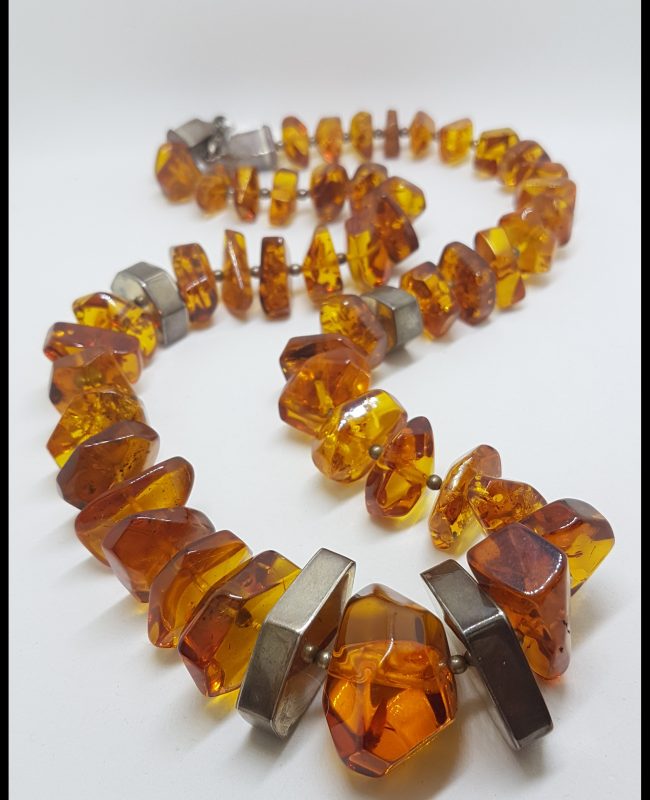 Sterling Silver Baltic Amber Large Chunky Bead Necklace / Chain
