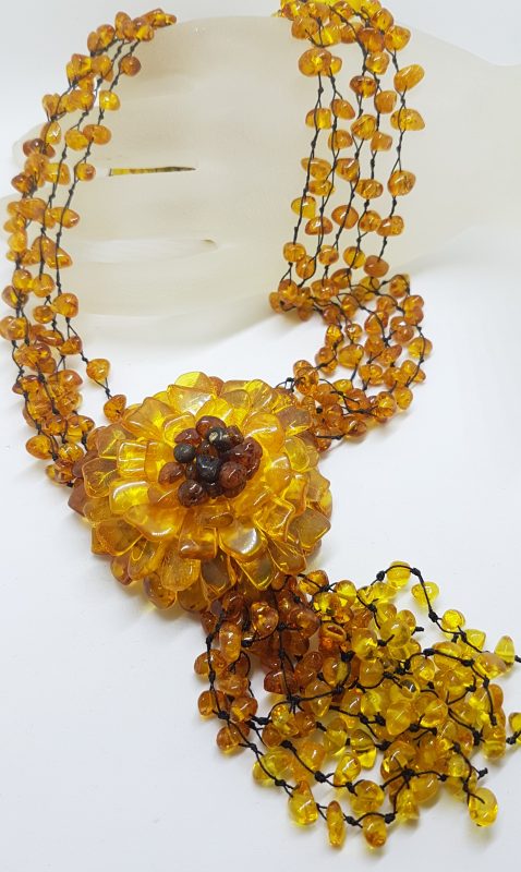 Natural Baltic Amber Large and Long Flower with Tassel Bead Necklace / Chain