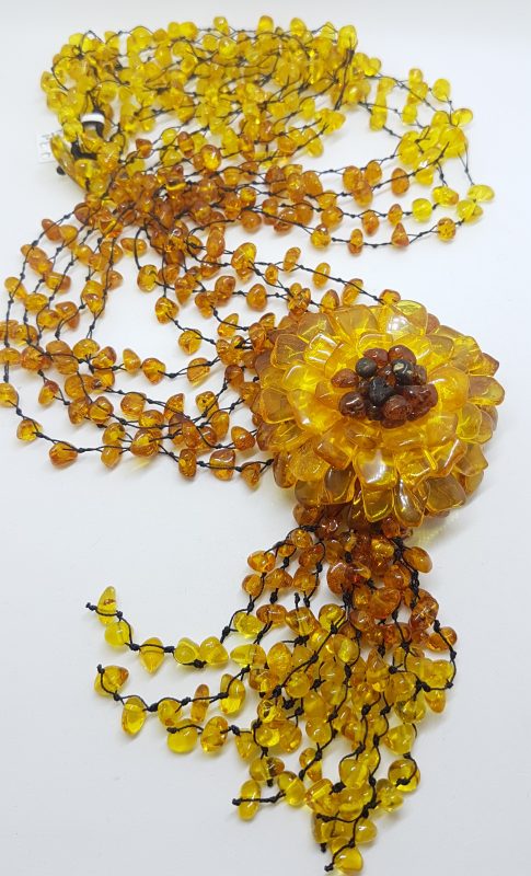 Natural Baltic Amber Large and Long Flower with Tassel Bead Necklace / Chain