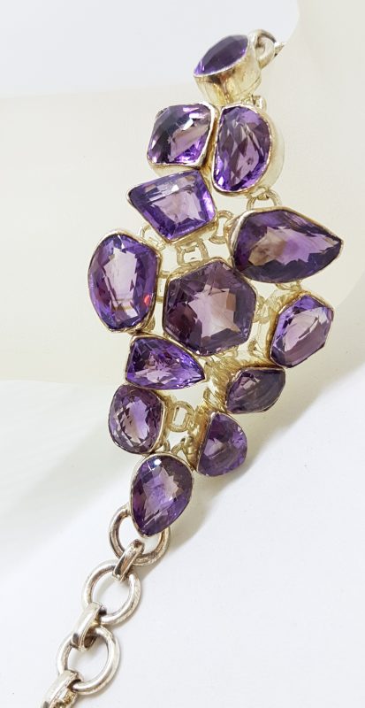 Sterling Silver Large Wide Chunky Unusual Shapes Amethyst Cluster Bracelet