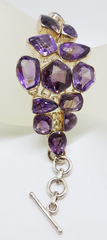 Sterling Silver Large Wide Chunky Unusual Shapes Amethyst Cluster Bracelet