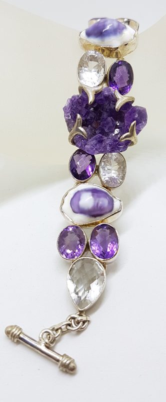 Sterling Silver Wide Chunky Amethyst, Clear Crystal Quartz and Shell Cluster Bracelet