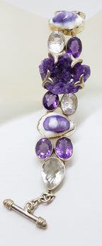 Sterling Silver Wide Chunky Amethyst, Clear Crystal Quartz and Shell Cluster Bracelet