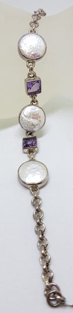 Sterling Silver Round Button Pearl with Square Amethyst Bracelet