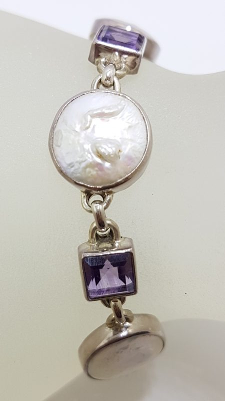 Sterling Silver Round Button Pearl with Square Amethyst Bracelet