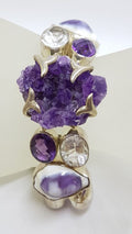 Sterling Silver Wide Chunky Amethyst, Clear Crystal Quartz and Shell Cluster Bracelet