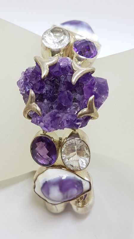 Sterling Silver Wide Chunky Amethyst, Clear Crystal Quartz and Shell Cluster Bracelet
