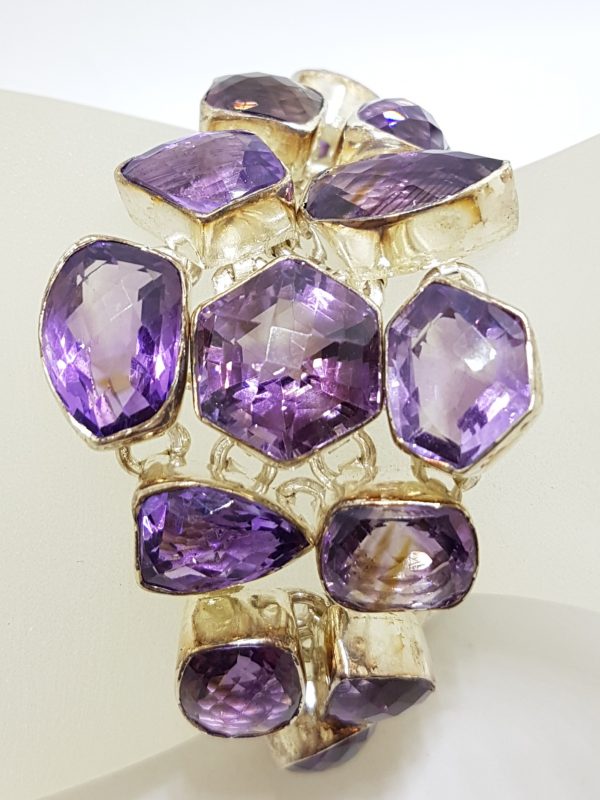 Sterling Silver Large Wide Chunky Unusual Shapes Amethyst Cluster Bracelet