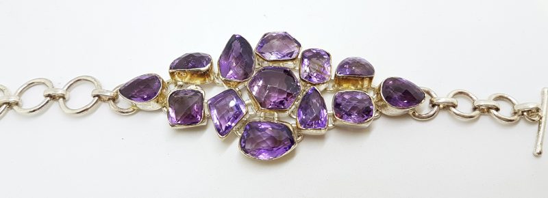 Sterling Silver Large Wide Chunky Unusual Shapes Amethyst Cluster Bracelet