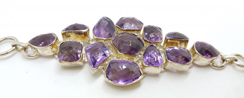 Sterling Silver Large Wide Chunky Unusual Shapes Amethyst Cluster Bracelet