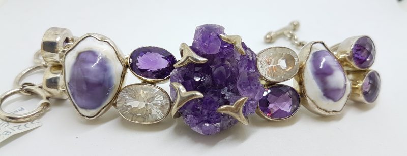 Sterling Silver Wide Chunky Amethyst, Clear Crystal Quartz and Shell Cluster Bracelet