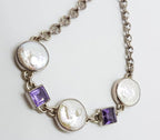 Sterling Silver Round Button Pearl with Square Amethyst Bracelet
