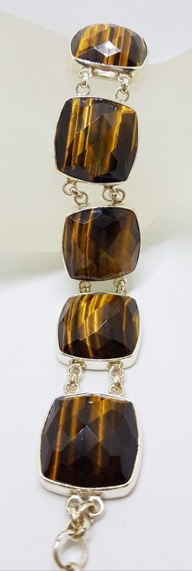 Sterling Silver Large Wide Square Faceted Tiger Eye Bracelet