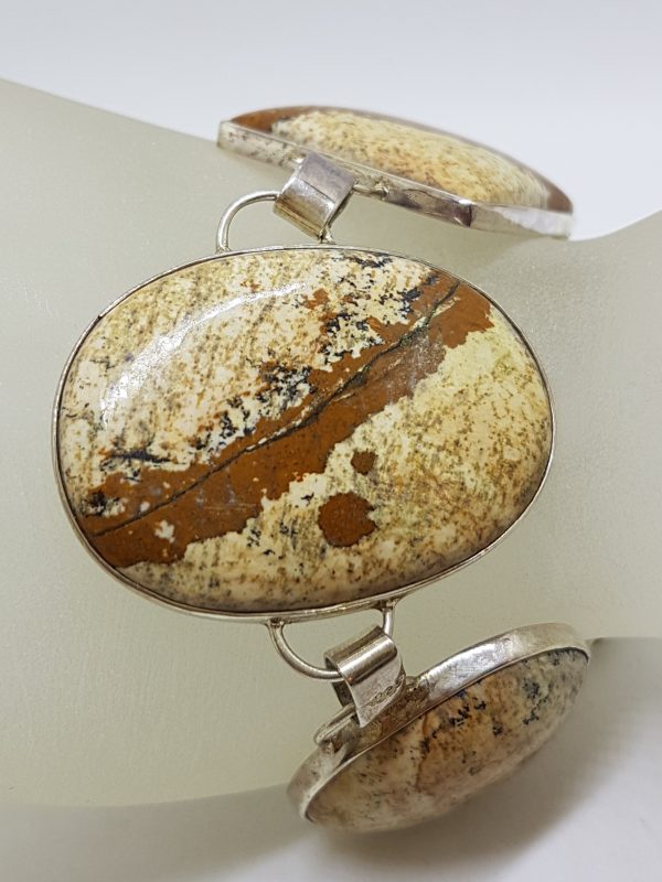 Sterling Silver Oval &amp; Square Picture Jasper Large Bracelet