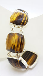Sterling Silver Large Wide Square Faceted Tiger Eye Bracelet