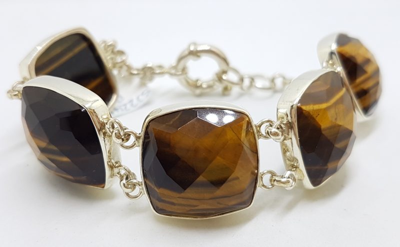 Sterling Silver Large Wide Square Faceted Tiger Eye Bracelet