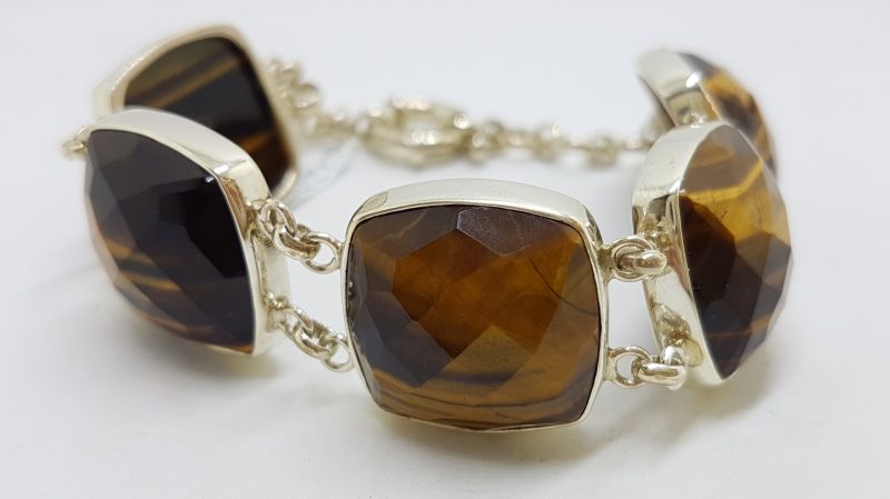 Sterling Silver Large Wide Square Faceted Tiger Eye Bracelet