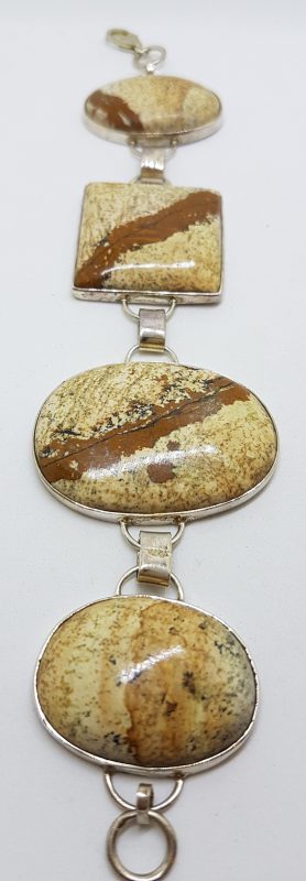Sterling Silver Oval &amp; Square Picture Jasper Large Bracelet