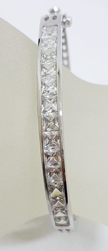 Sterling Silver Cubic Zirconia Bangle - Ornate Back - Oval