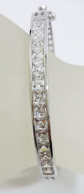 Sterling Silver Cubic Zirconia Bangle - Ornate Back - Oval