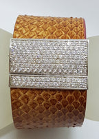 Sterling Silver Very Wide Leather with Cubic Zirconia Cuff Bracelet