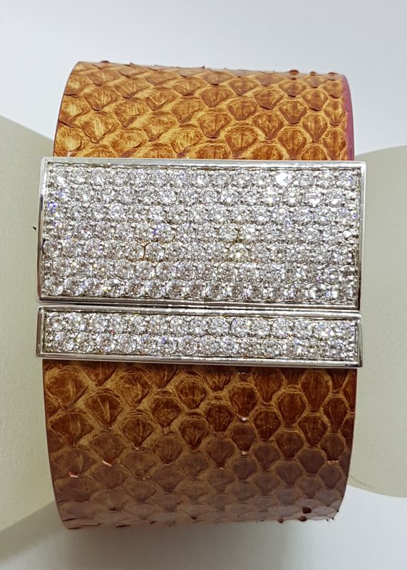 Sterling Silver Very Wide Leather with Cubic Zirconia Cuff Bracelet