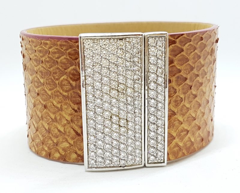 Sterling Silver Very Wide Leather with Cubic Zirconia Cuff Bracelet