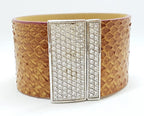 Sterling Silver Very Wide Leather with Cubic Zirconia Cuff Bracelet