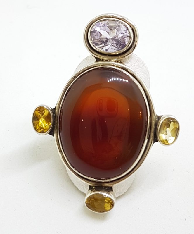 Sterling Silver Very Large Oval Carnelian with Citrine and Amethyst Ring