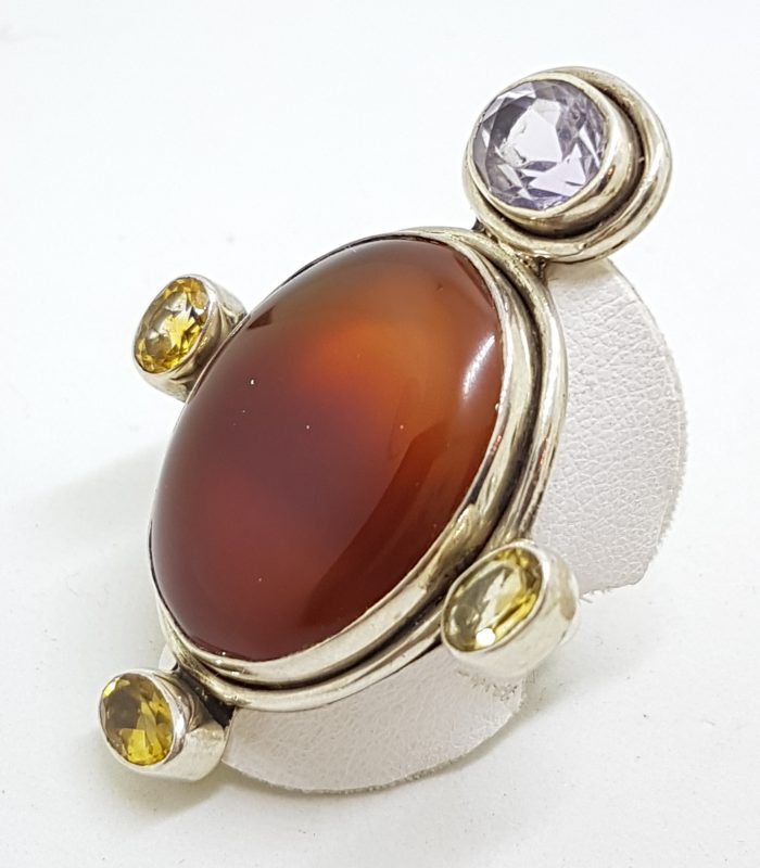 Sterling Silver Very Large Oval Carnelian with Citrine and Amethyst Ring