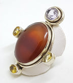 Sterling Silver Very Large Oval Carnelian with Citrine and Amethyst Ring