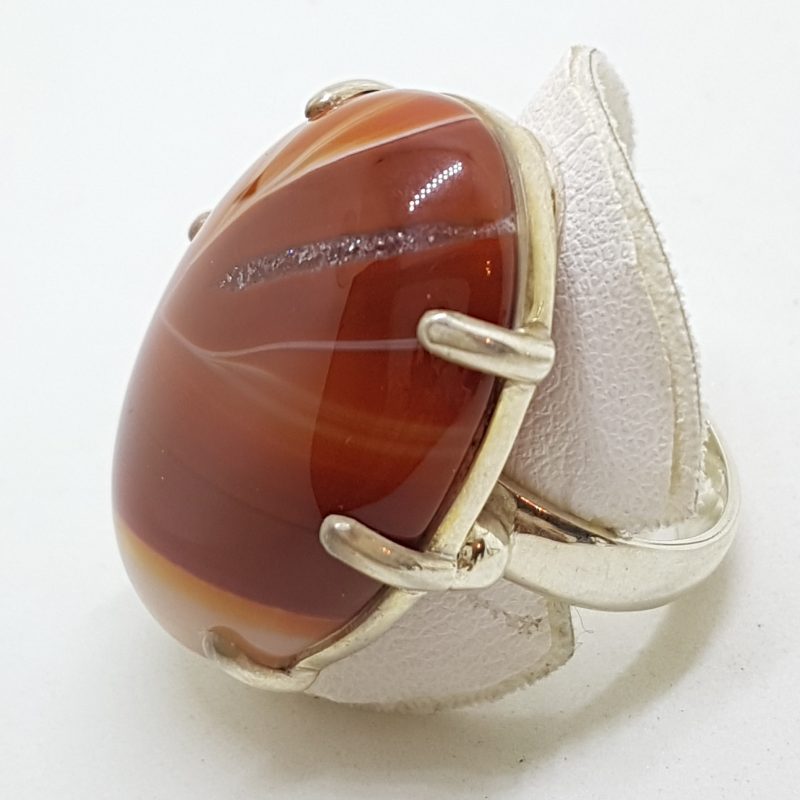 Sterling Silver Large Oval Red Agate Ring - Claw Set