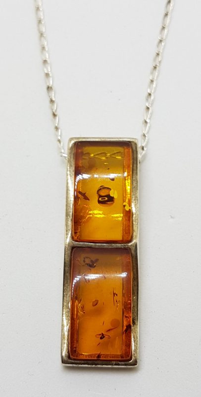 Sterling Silver Natural Amber Long Pendant on Silver Chain