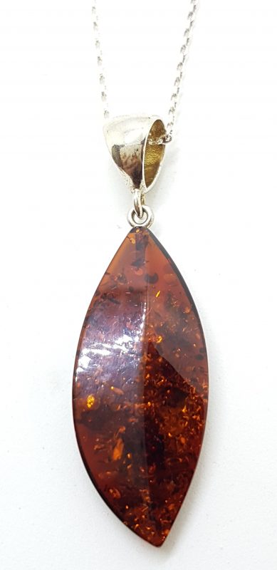 Sterling Silver Amber Leaf Shape Pendant on Silver Chain
