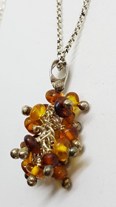 Sterling Silver Natural Multi-Colour Amber Grapes Cluster Pendant on Silver Chain